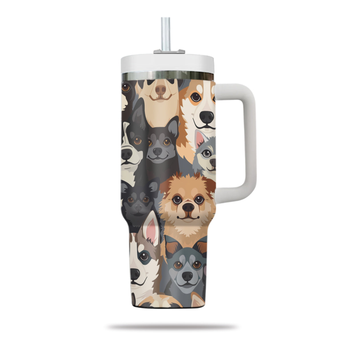 Cute Dog Tumbler 40oz With Handle, Dog Face Pattern 40oz Tumbler, Puppies Tumbler with Straw, Dog Lover Tumbler, Stainless Steel Tumbler, Insulated Tumbler 05