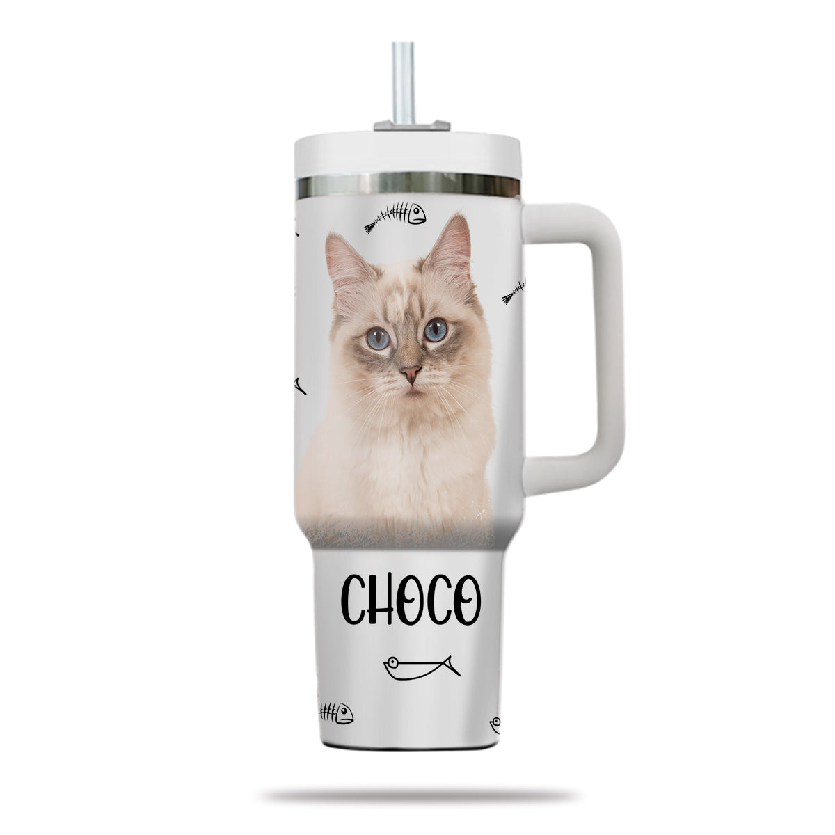 Custom Pet Photo Tumbler 40oz With Handle, Watercolor Pet Portrait From Photo Tumbler,  Personalized Cat Face Photo Tumbler with Straw, Cat Lover Tumbler, Stainless Steel Tumbler, Insulated Tumbler 16