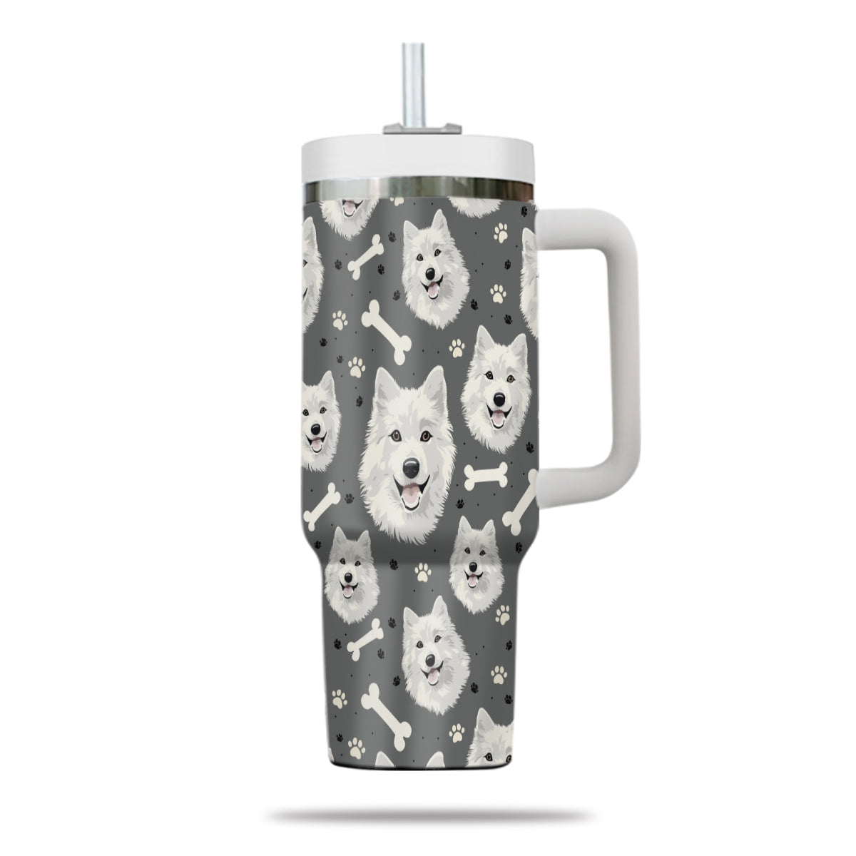 Cute Samoyed Tumbler 40oz With Handle, Samoyed Pattern 40oz Tumbler, Dog Paw Photo Tumbler with Straw, Dog Lover Tumbler, Stainless Steel Tumbler, Insulated Tumbler 02