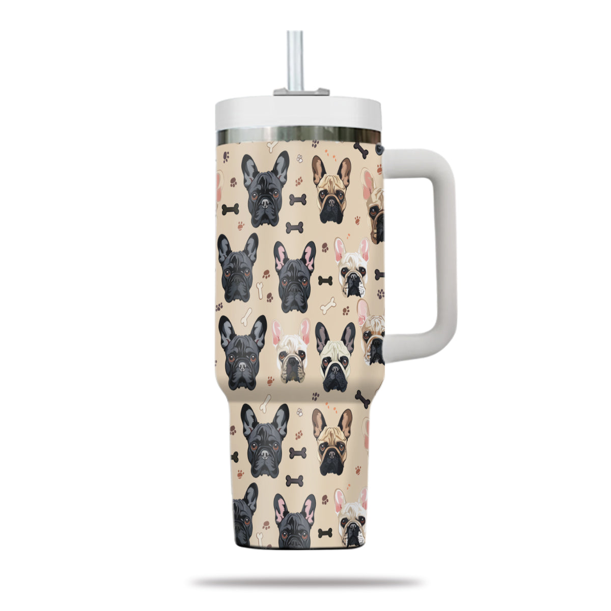 Cute French Bulldog Tumbler 40oz With Handle, French Bulldog Pattern 40oz Tumbler, Dog Paw Photo Tumbler with Straw, Dog Lover Tumbler, Stainless Steel Tumbler, Insulated Tumbler 01