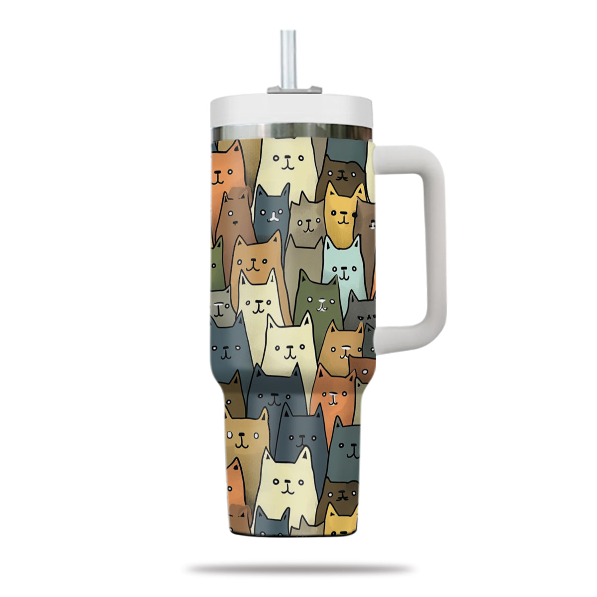 Cute Cat Tumbler 40oz With Handle, Cat Pattern 40oz Tumbler, Cat Lover Tumbler 40oz, Stainless Steel Tumbler, Insulated Tumbler 20