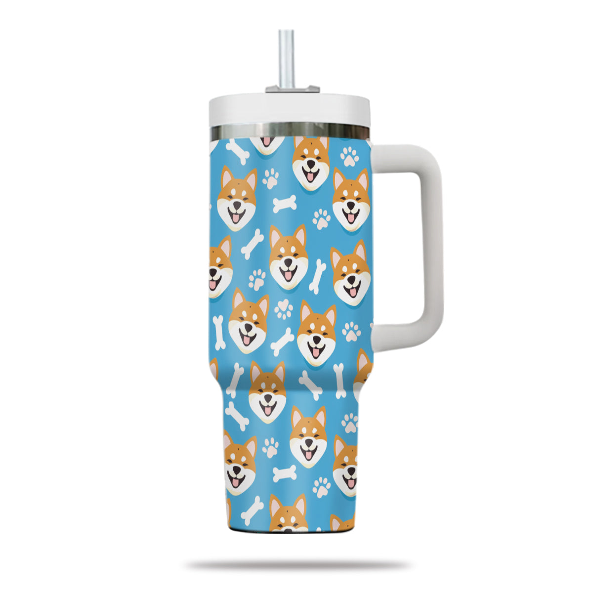 Cute Shiba Tumbler 40oz With Handle, Shiba Pattern 40oz Tumbler, Dog Paw Photo Tumbler with Straw, Dog Lover Tumbler, Stainless Steel Tumbler, Insulated Tumbler 01