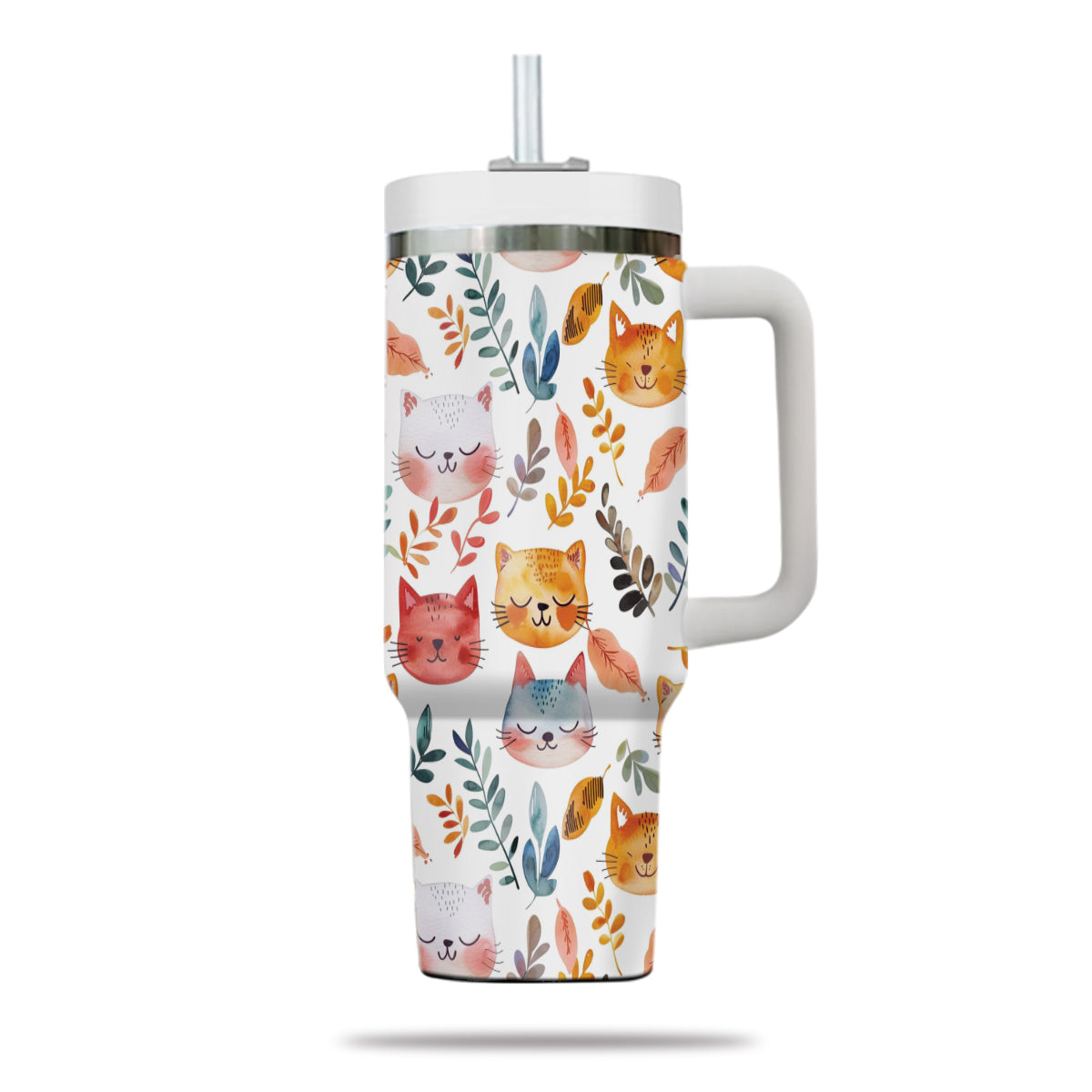 Cute Cat Tumbler 40oz With Handle, Cat Pattern 40oz Tumbler, Cat Lover Tumbler 40oz, Stainless Steel Tumbler, Insulated Tumbler 12