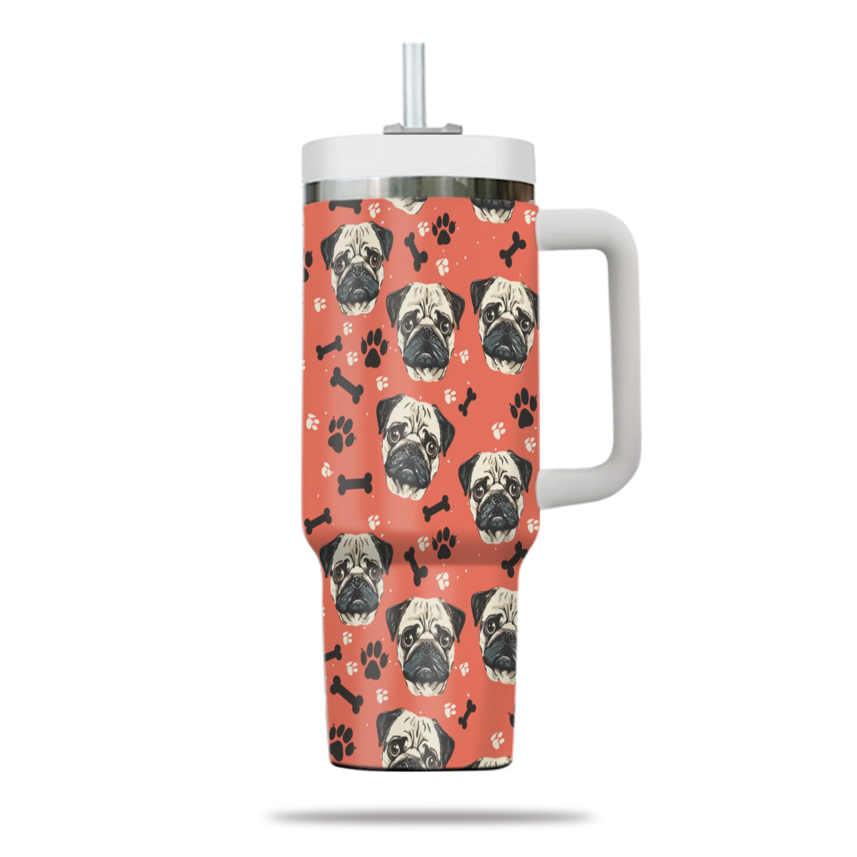 Cute Pug Tumbler 40oz With Handle, Pug Pattern 40oz Tumbler, Dog Paw Photo Tumbler with Straw, Dog Lover Tumbler, Stainless Steel Tumbler, Insulated Tumbler