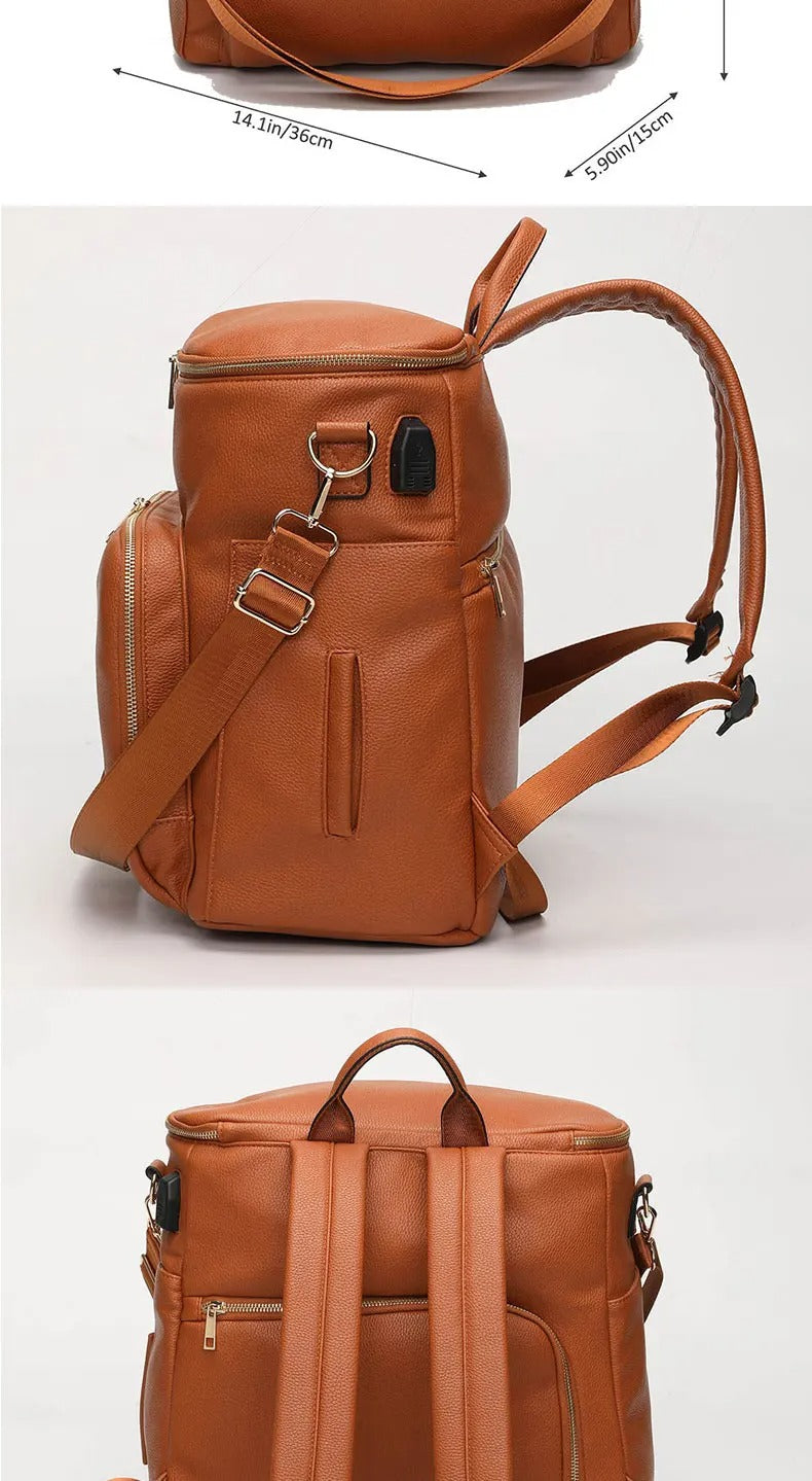 Leather Diaper Backpack for Mom, Large Diaper Bag, Travel Bag for New Mum, Multi-Functional Leather Bag, Spacious Baby Bag, Brown Diaper Bag 07