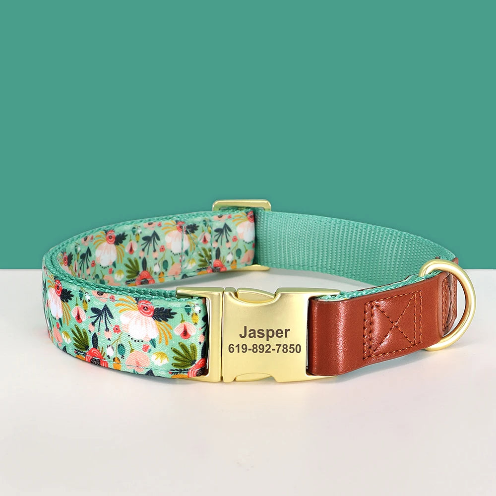 Personalized Dog Collar Vintage, Girl Dog Collar with Metal Buckle, Flowers Pattern Dog Collar, Engraved Dog Collar with Name, Puppy Collar 135