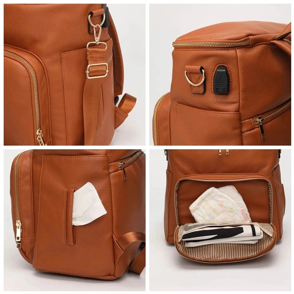 Leather Diaper Backpack for Mom, Large Diaper Bag, Travel Bag for New Mum, Multi-Functional Leather Bag, Spacious Baby Bag, Brown Diaper Bag 07