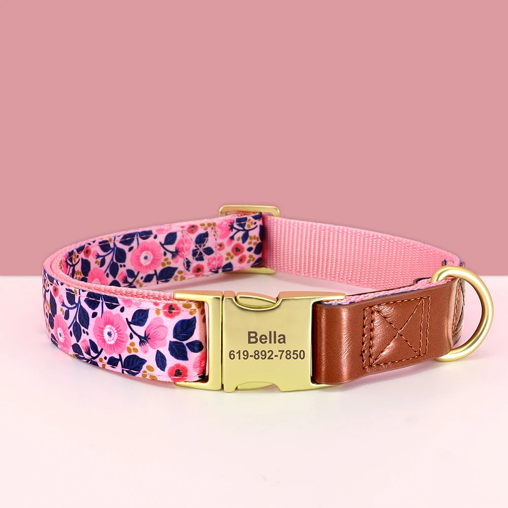 Personalized Dog Collar Vintage, Girl Dog Collar with Metal Buckle, Flowers Pattern Dog Collar, Engraved Dog Collar with Name, Puppy Collar 135