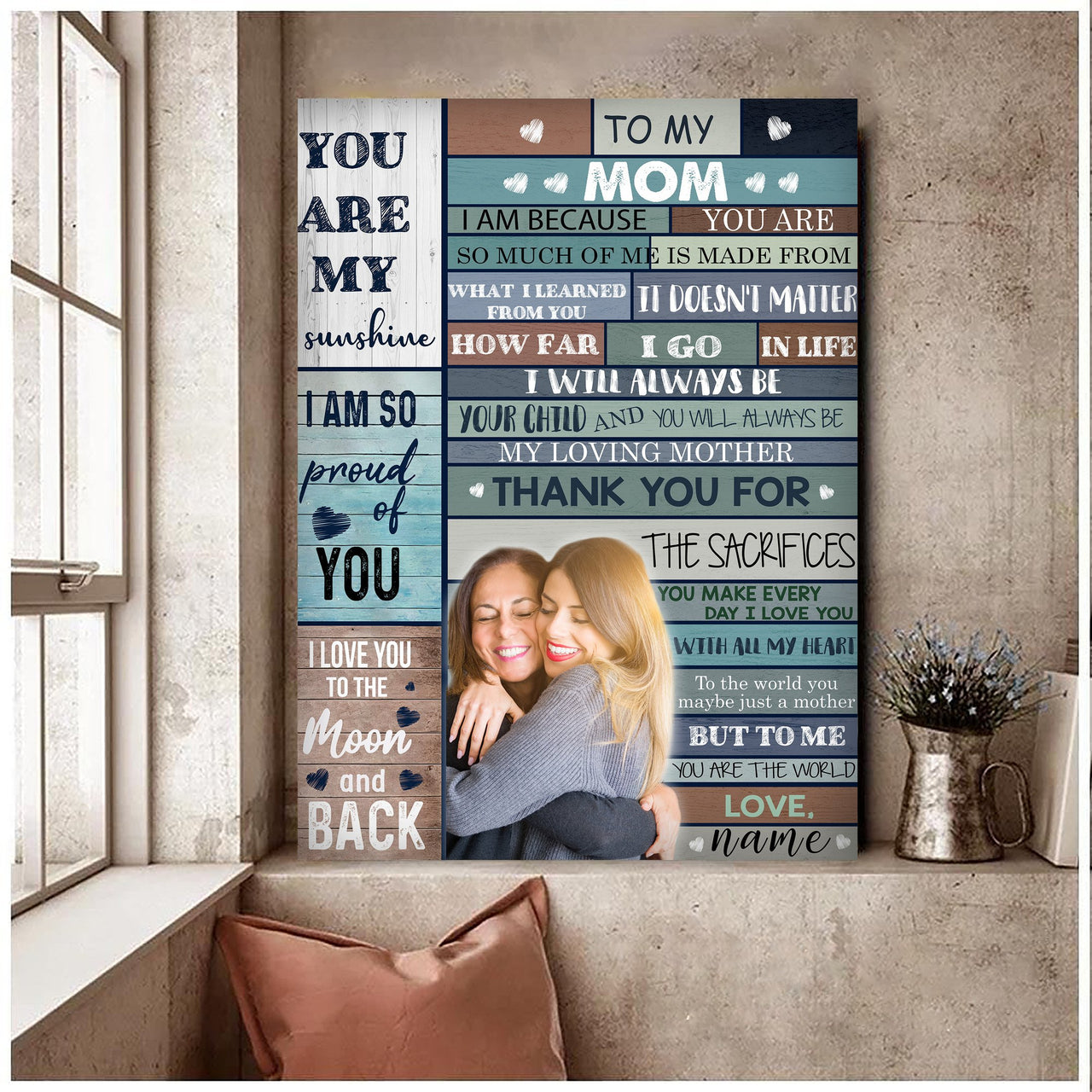 Customized Picture To My Mom Canvas from Daughter Son, Long Distance I Love You Air Mail Letter Wall Art Canvas
