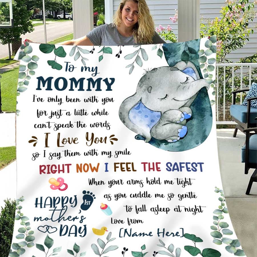 Personalized Elephant First Mother's Day Blanket, To my Mommy Throw Blanket with Son Fleece Blanket from Newborn