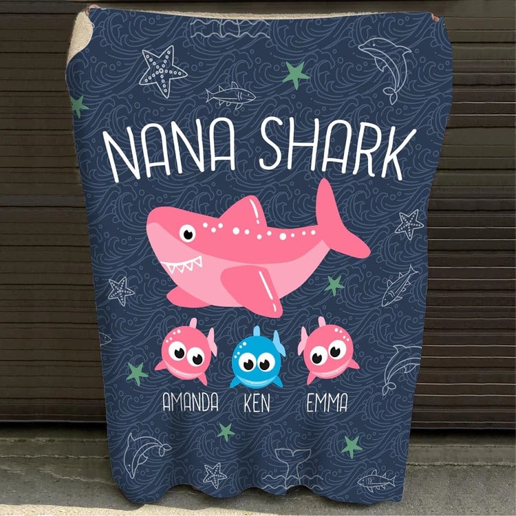 Personalized Grandma Shark Blanket, Nana Shark Blanket with Grandkids Names for Grandma