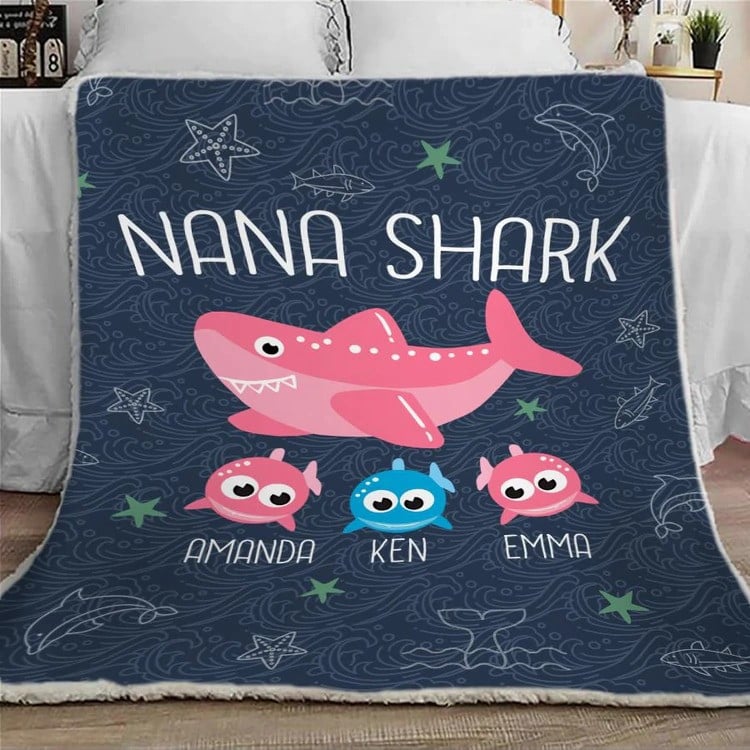 Personalized Grandma Shark Blanket, Nana Shark Blanket with Grandkids Names for Grandma