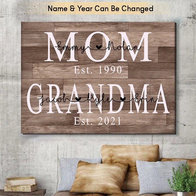 Personalized Mom Est Grandma Est Canvas Prints with Grandkids, Gift for Mom