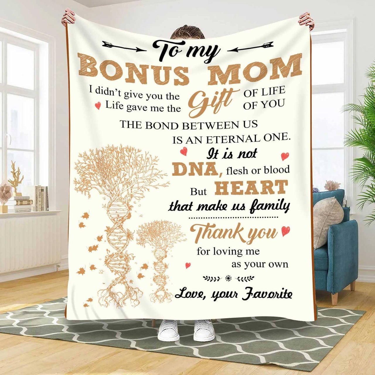Funny Bonus Mom Throw Blanket, Tree Heart Art, Not DNA Flesh or Blood Fleece Blanket from Bonus Daughter