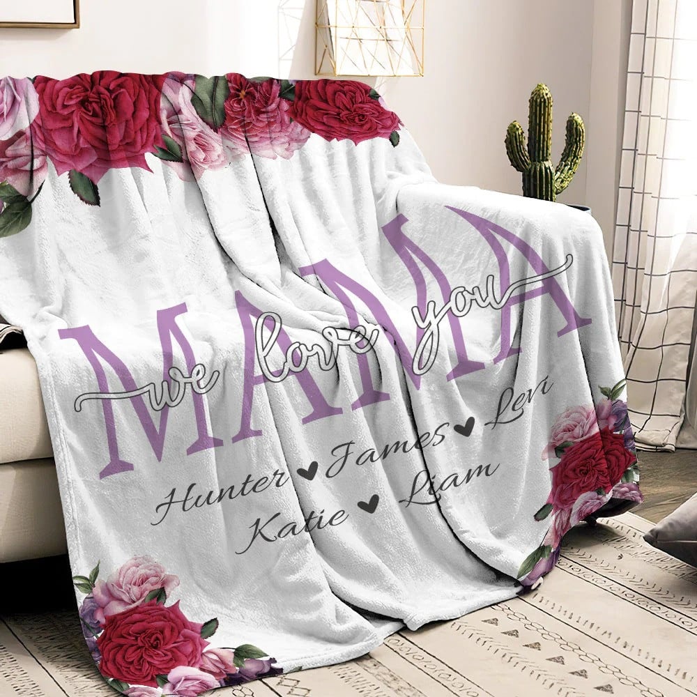 Personalized Rose Mama Fleece Blanket Gift for Mom - We love you Custom Name Son and Daughter Throw Blanket