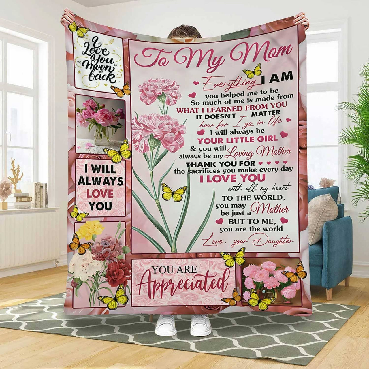 Personalized Carnation Flowers Blanket for Mom, Mom and Daughter Carnation Tree Art - You are the world Blanket