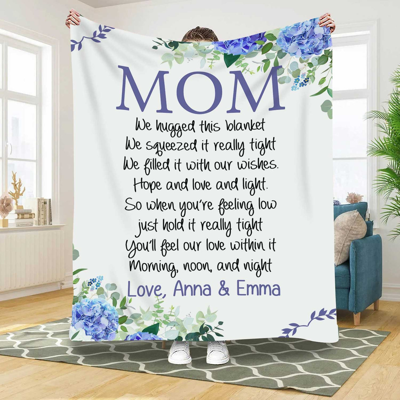 Personalized Hydrangeas Blanket for Mom, We hugged this Blanket, Gift from Daughter and Son