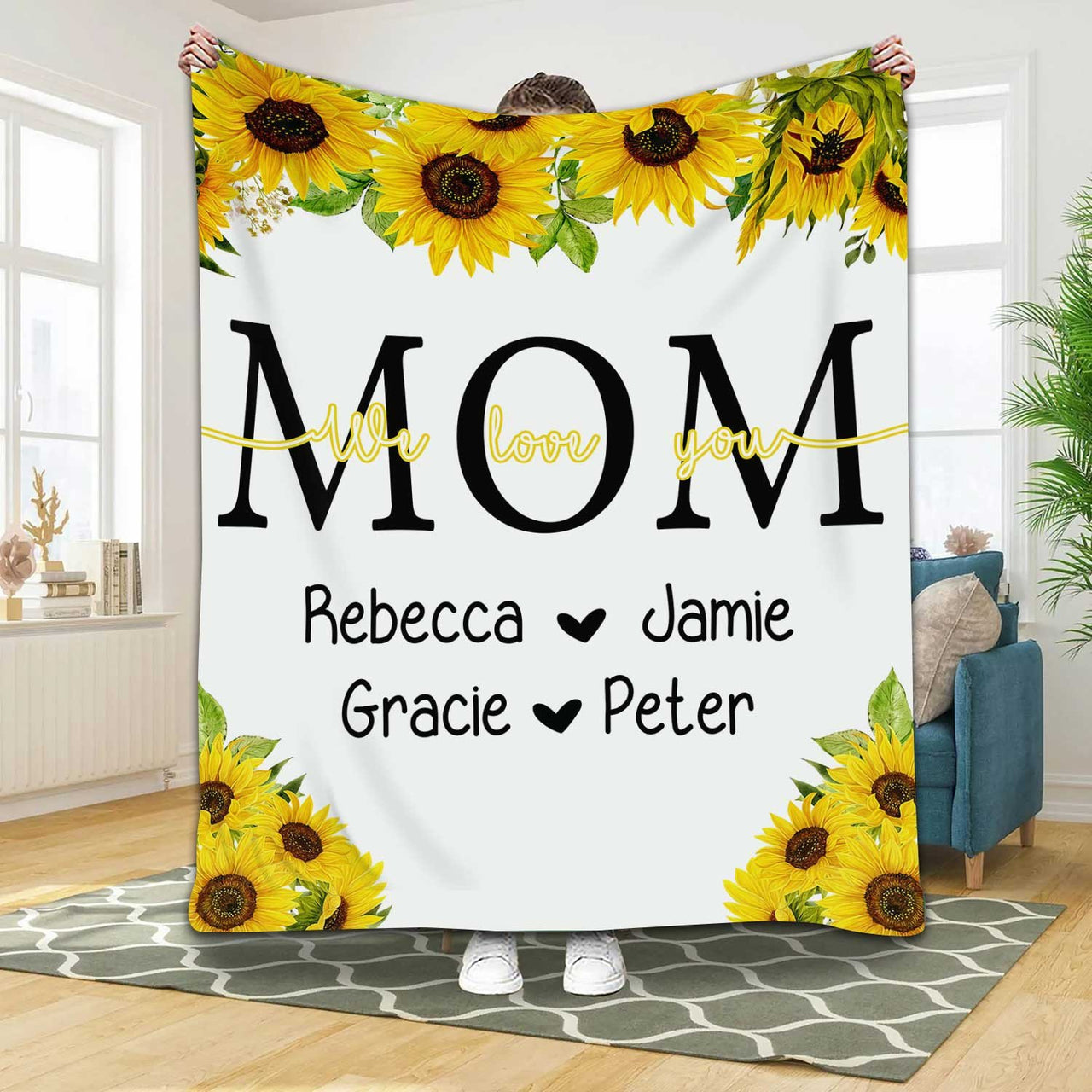 Personalized Sunflowers Blanket for Mom with Son and Daughter Names
