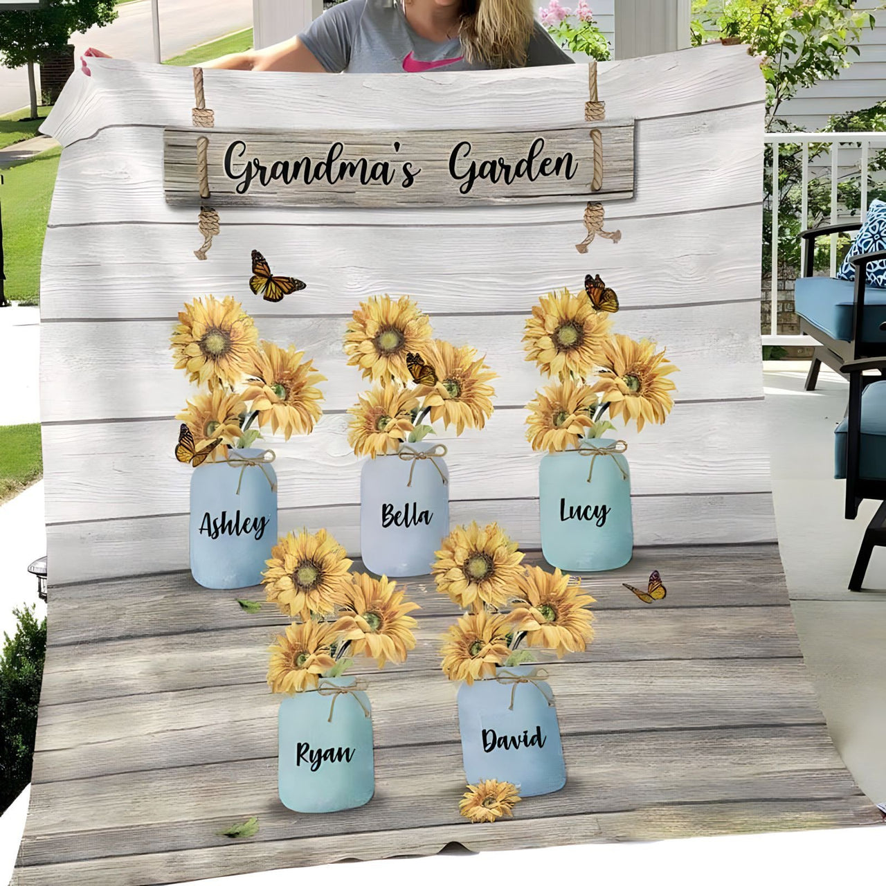 Personalized Sunflowers Grandma's Garden Throw Blanket with Grandkids