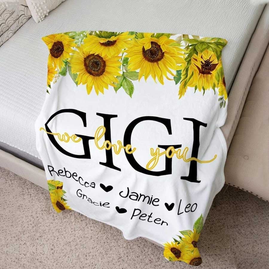 Personalized Sunflowers Blanket for Mom with Son and Daughter Names