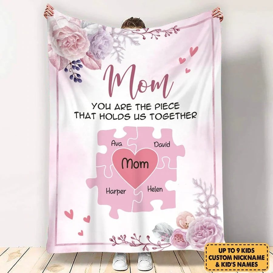 Personalized Puzzle Mom Throw Blanket, You are the piece that hold us together, Gift for Mom