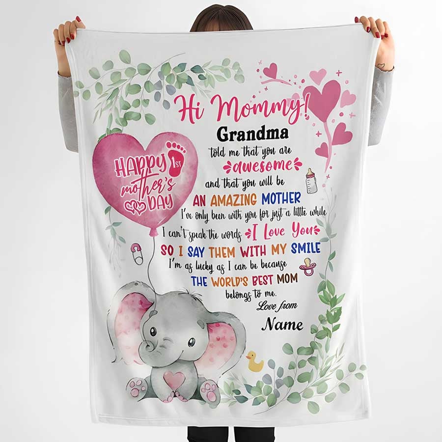 Personalized Elephant New Mom Blanket, First Mother's Day Elephant Throw Blanket, Mom and Baby