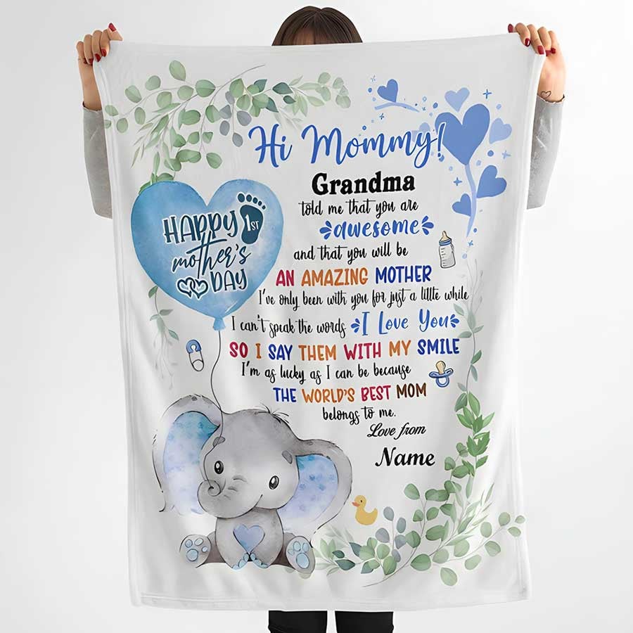 Personalized Elephant New Mom Blanket, First Mother's Day Elephant Throw Blanket, Mom and Baby