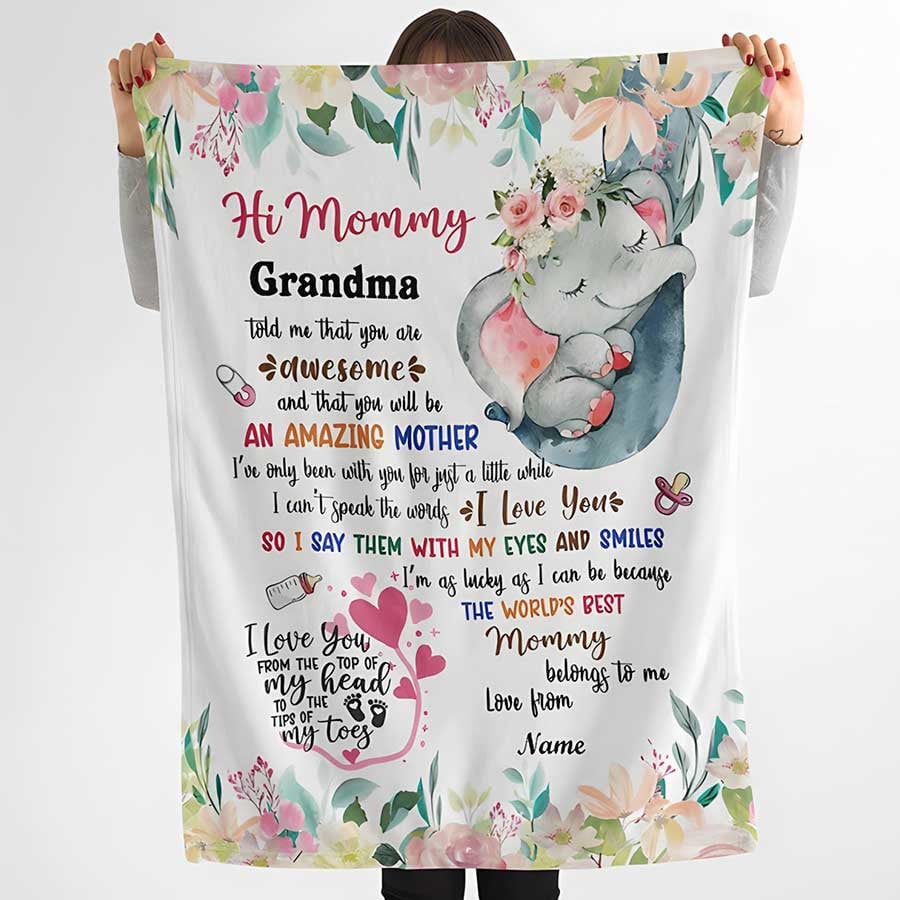 Personalized Funny Elephant First Mother Day Baby Boy Blanket, Gift for New Mom