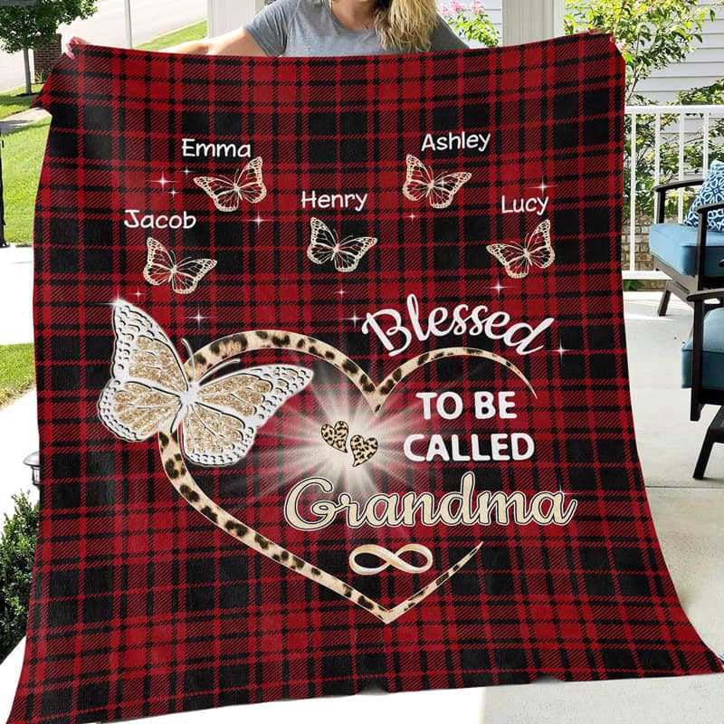 Butterfly Red Plaid Leopard Blessed to be called Grandma Throw Blanket for Mother