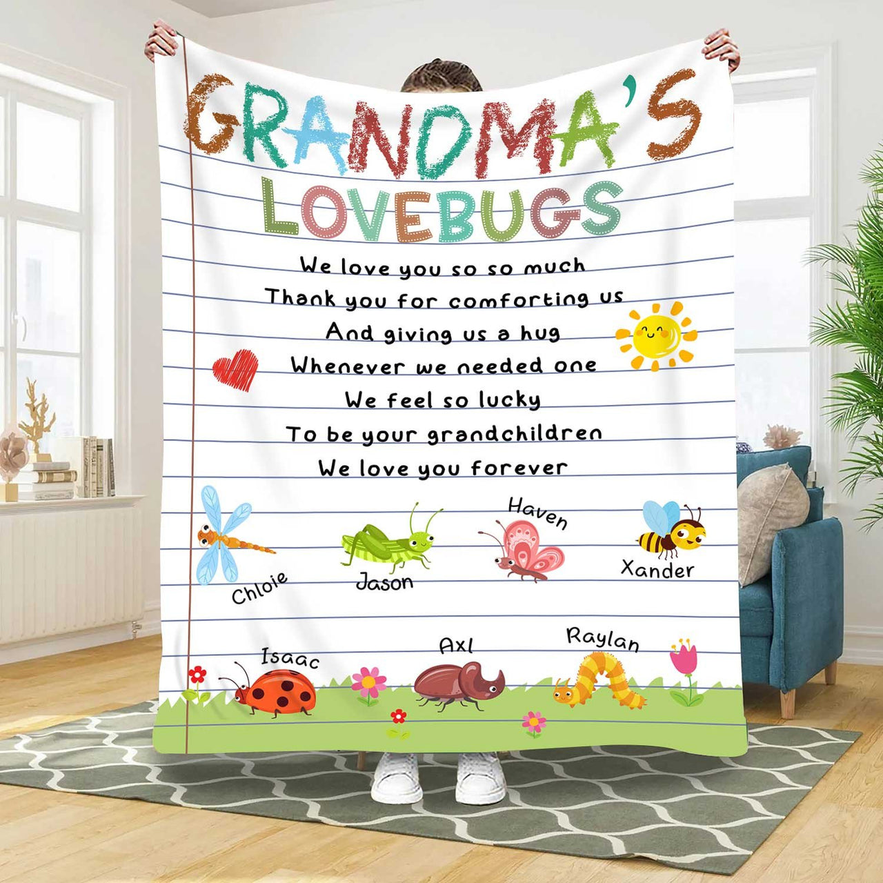 Personalized Grandma's Love Bugs Blanket for Her, Grandma's Garden Throw Blanket