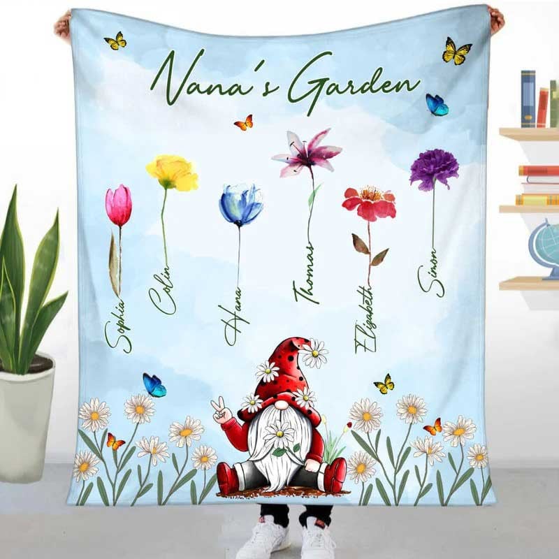 Personalized Gnome Grandma Auntie Mom Garden Flower Kids Personalized Blanket