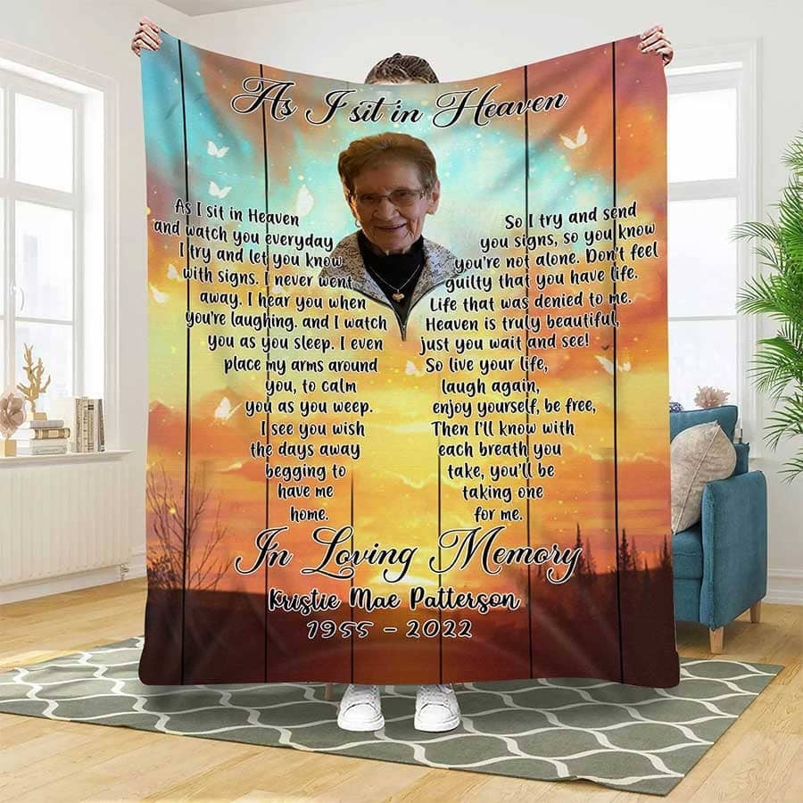 Custom Photo Loss of Mother Memorial Blanket, Retro Grassland As I sit in heaven Blanket