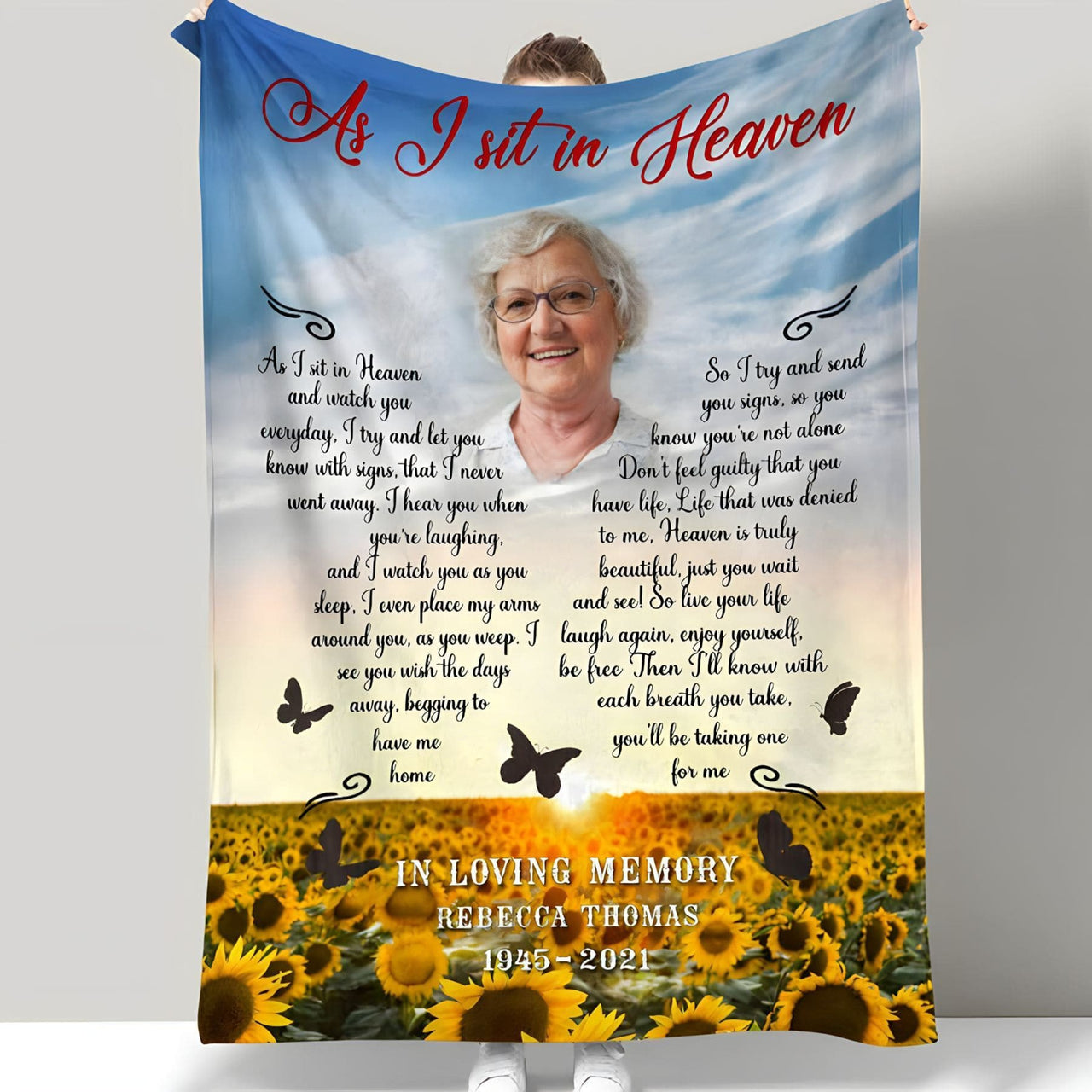 Custom Photo Loss of Mother Memorial Blanket, Retro Grassland As I sit in heaven Blanket