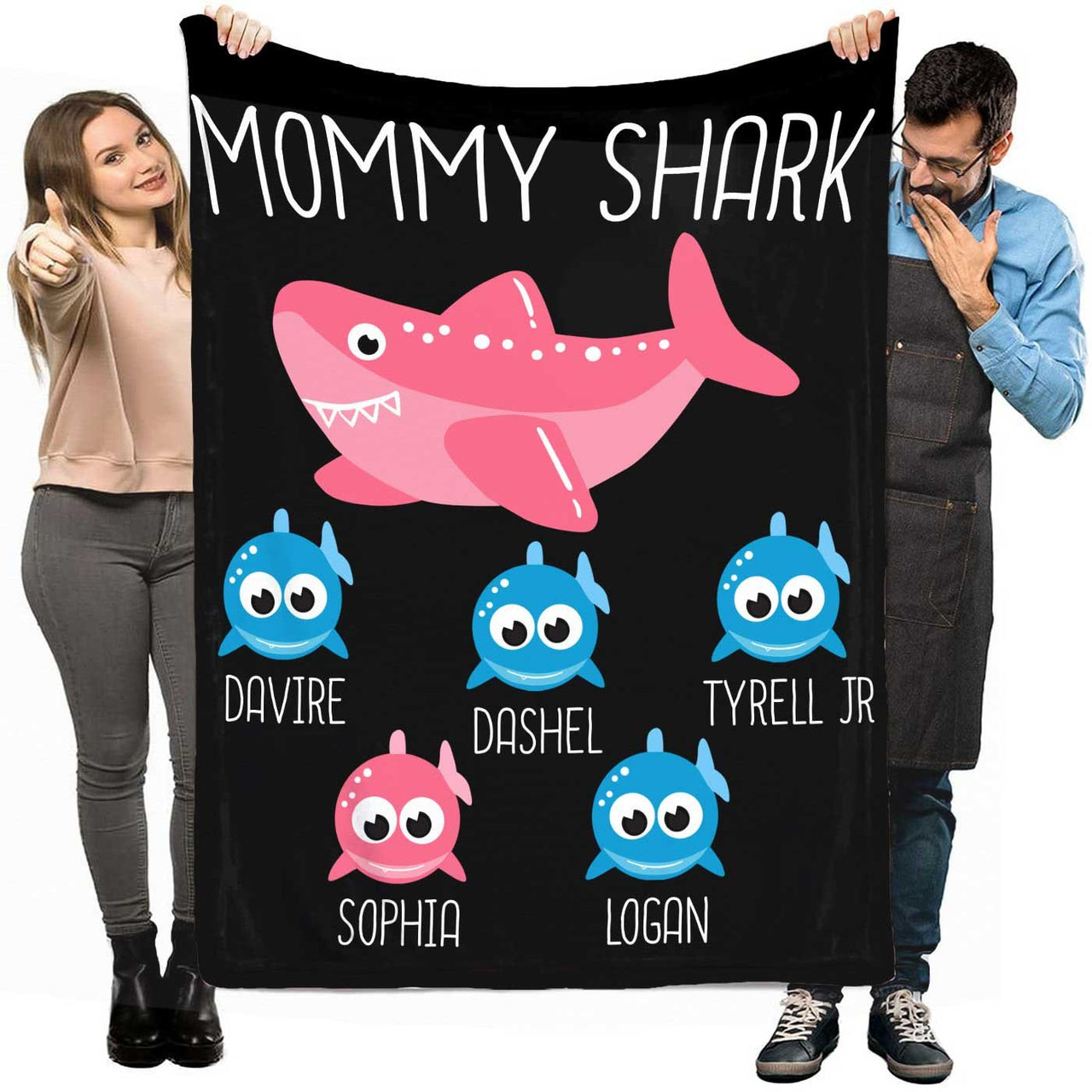 Personalized Mommy Shark ,Grandma Shark With Kids Fleece and Sherpa Blanket