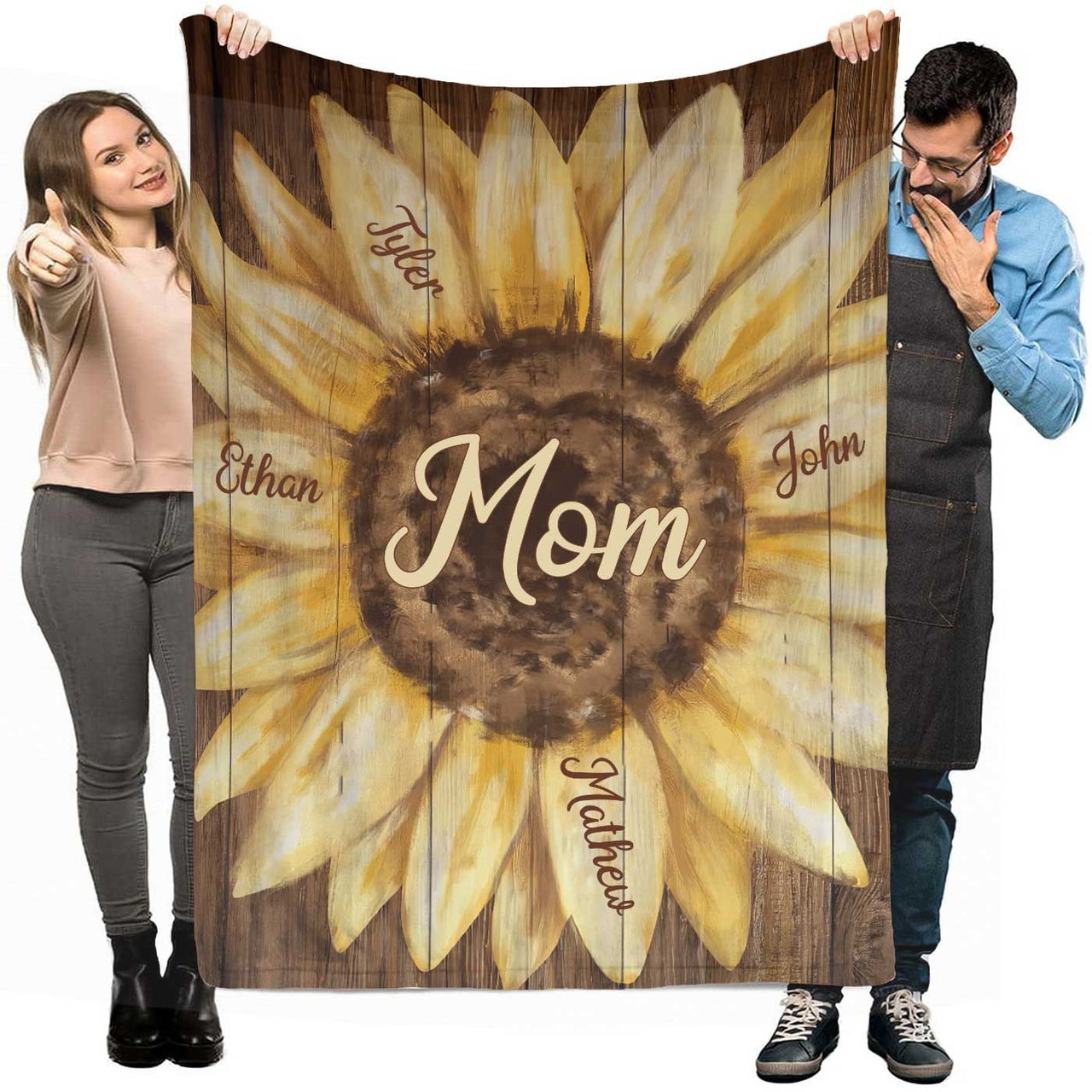 Personalized Sunflowers Mom's Garden, Grandma's Garden Throw Blanket with Kid Names for Mother