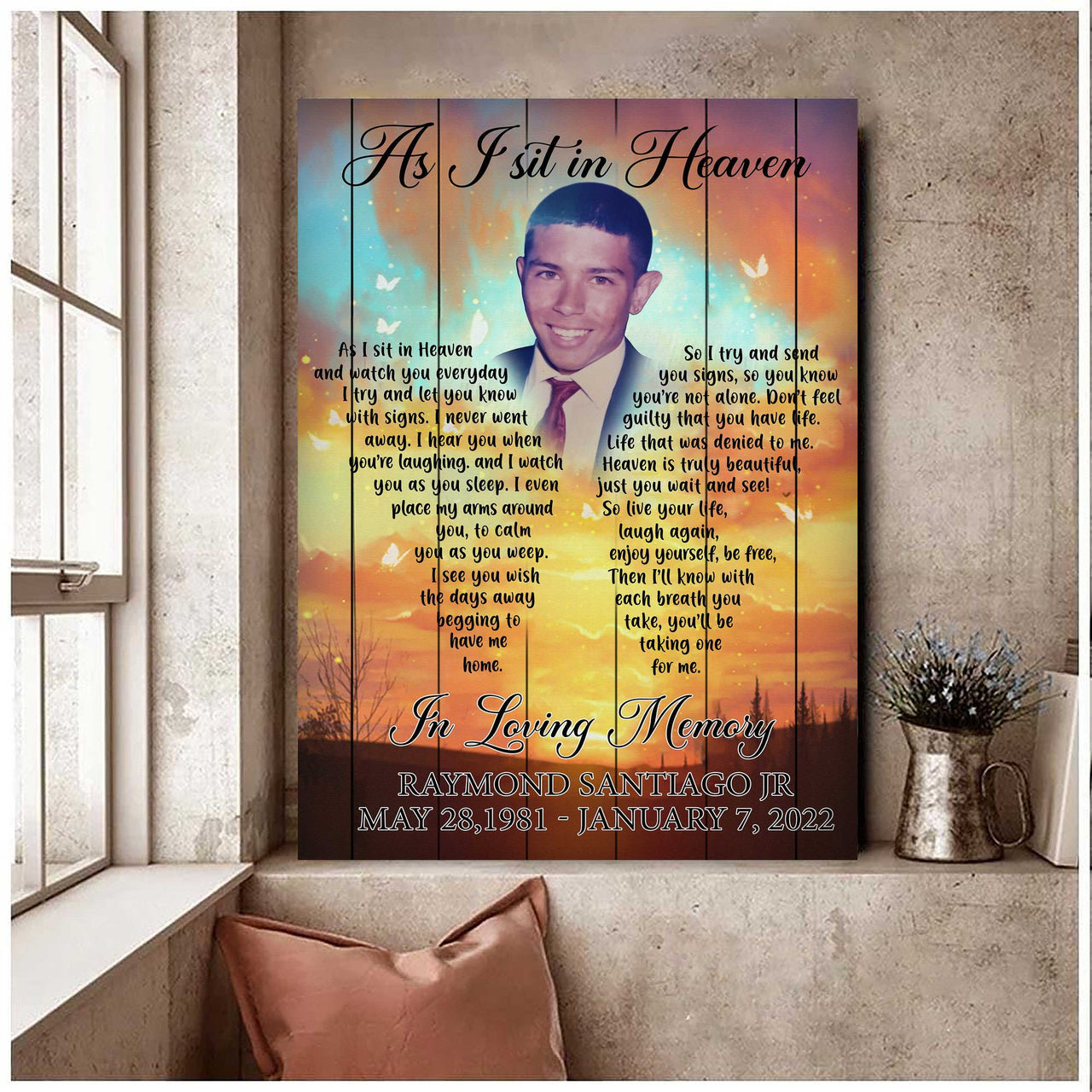 Custom Photo Sunset Memorial Canvas for Dad, Mom, Watercolor As I sit in heaven Wall Art