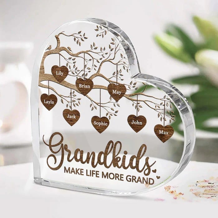 Grandkids Make Life More Grand - Family Personalized Custom Heart Shaped Acrylic Plaque Gift for Grandma, Heart Tree Grandkids Name Sign