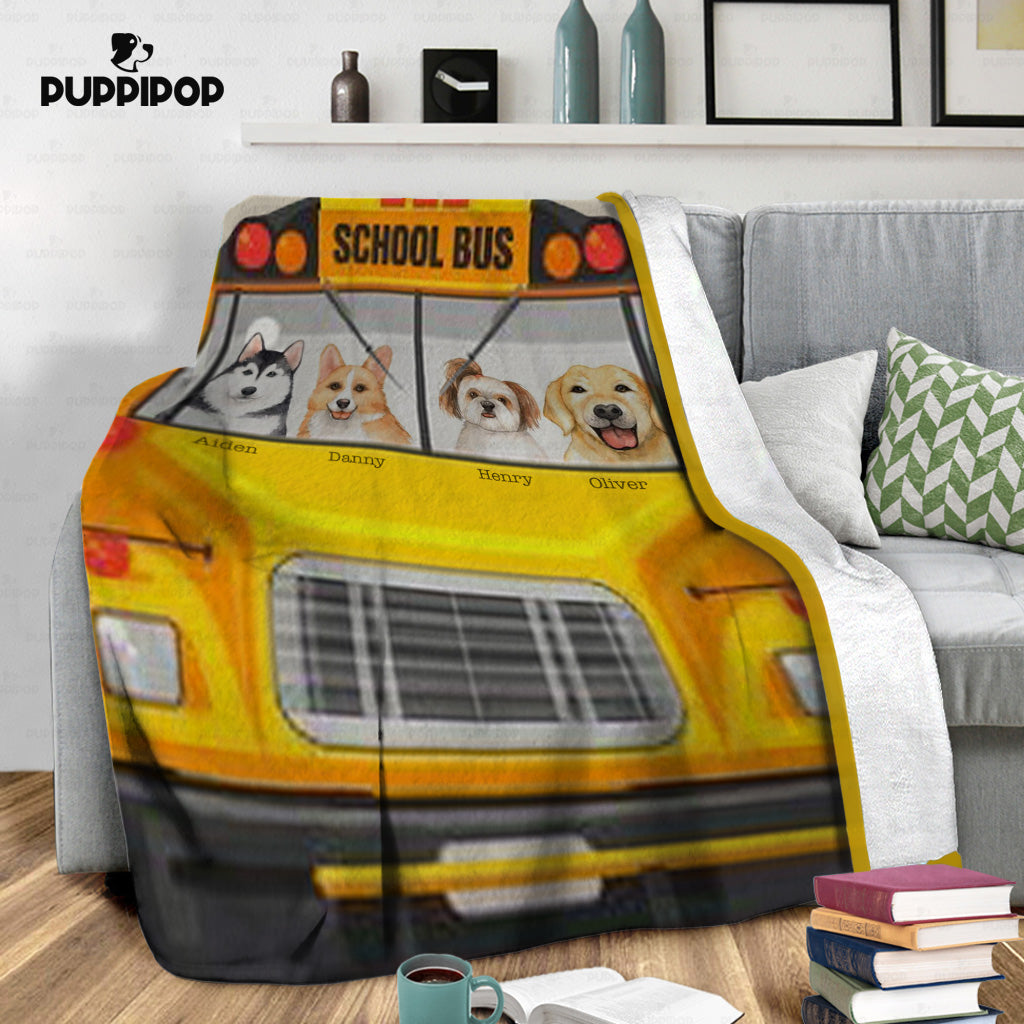 Personalized Dog Gift Idea - Dogs On A School Bus Gift For Dog Dad - Fleece Blanket