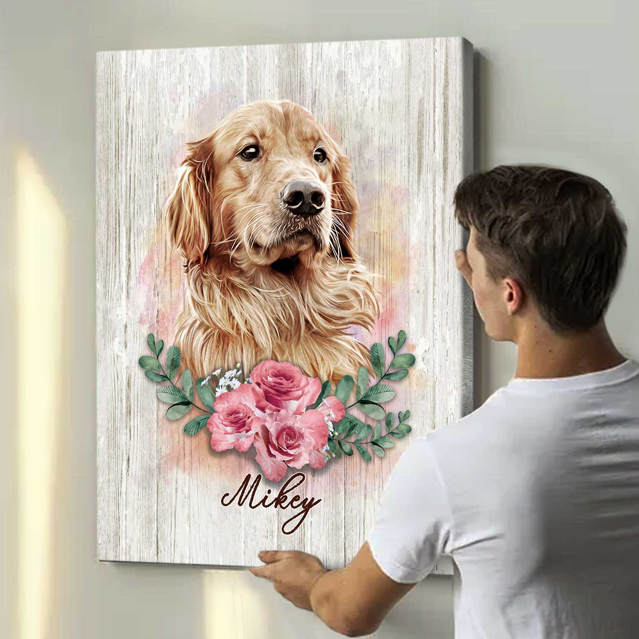 Pet Portrait Custom, Pet Portrait With Pink Flower, Best Gifts For Dog Owners - Best Personalized Gifts for Everyone