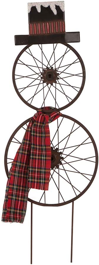 36.5" H Metal Bike Wheel Snowman Yard Stake with Plaid Scarf, Christmas Wall Decor Display for Lawn Outdoor Holiday Decoration