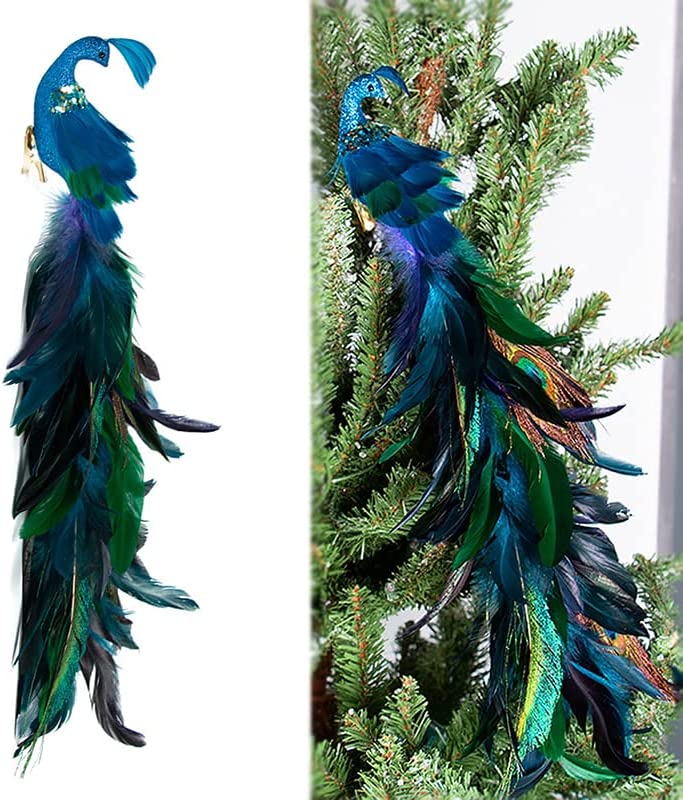 2022 Christmas Peacock Birds Ornament Decoration, 19 Inches 1/2/4/6 Pcs Artificial Long Tail Feathered Peacock with Clips, Foam Peacock Birds for Xmas Tree Crafts Decor