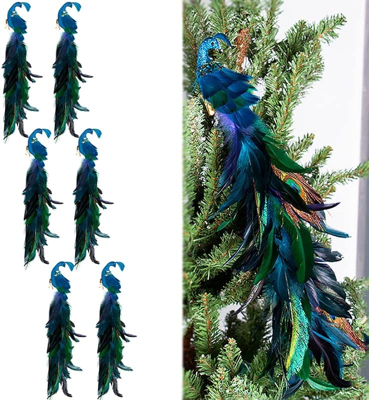 2022 Christmas Peacock Birds Ornament Decoration, 19 Inches 1/2/4/6 Pcs Artificial Long Tail Feathered Peacock with Clips, Foam Peacock Birds for Xmas Tree Crafts Decor