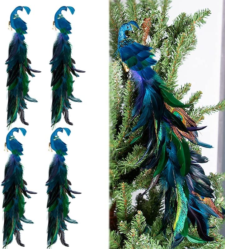 2022 Christmas Peacock Birds Ornament Decoration, 19 Inches 1/2/4/6 Pcs Artificial Long Tail Feathered Peacock with Clips, Foam Peacock Birds for Xmas Tree Crafts Decor