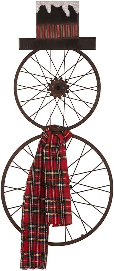 36.5" H Metal Bike Wheel Snowman Yard Stake with Plaid Scarf, Christmas Wall Decor Display for Lawn Outdoor Holiday Decoration