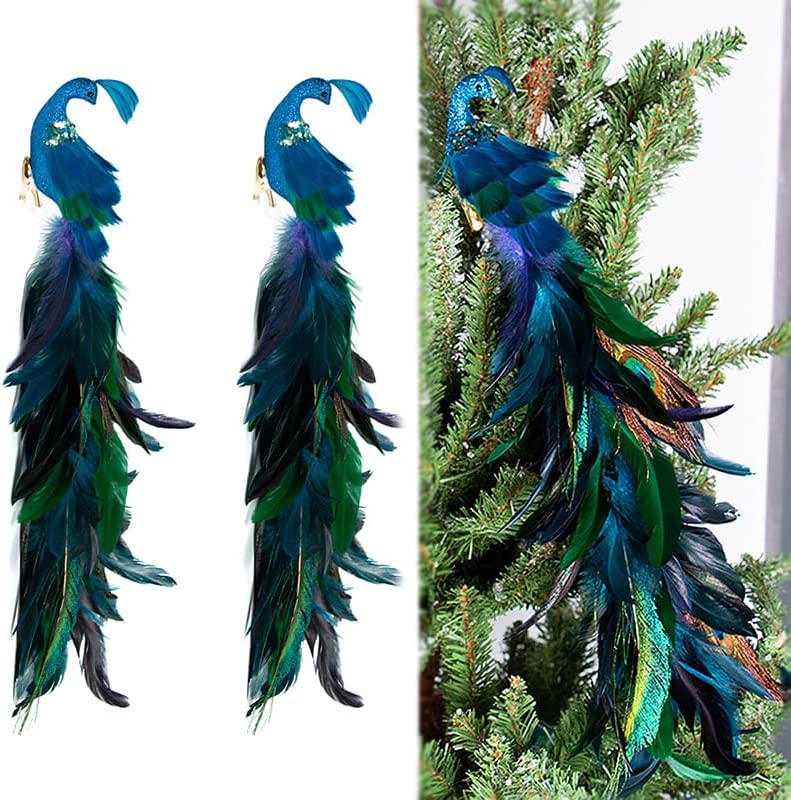 2022 Christmas Peacock Birds Ornament Decoration, 19 Inches 1/2/4/6 Pcs Artificial Long Tail Feathered Peacock with Clips, Foam Peacock Birds for Xmas Tree Crafts Decor