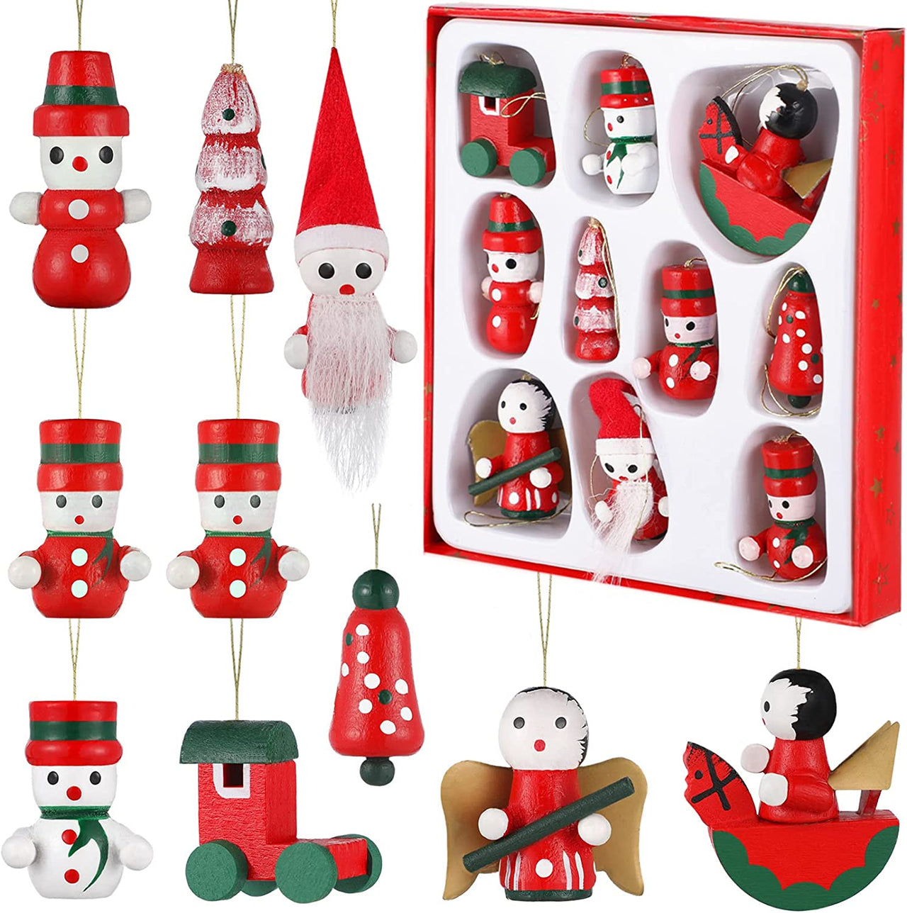 10 Pieces Christmas Ornaments Set Wood Christmas Ornaments Snowman Stocking Christmas Tree Decorations Wooden Hanging Xmas Ornaments for Holiday Party Supplies