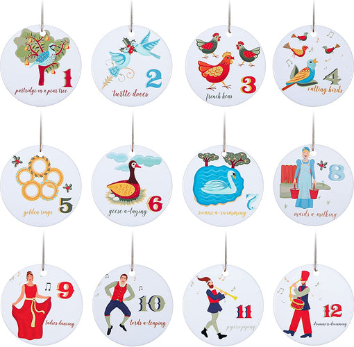 12 Pcs 12 Days of Christmas Ornaments Ceramic Rustic Christmas Tree Ornaments Vintage Christmas Tree Decorations Cute Xmas Decorative Hanging Ornaments for Party Supplies Wall Decor Gifts, 3 Inches