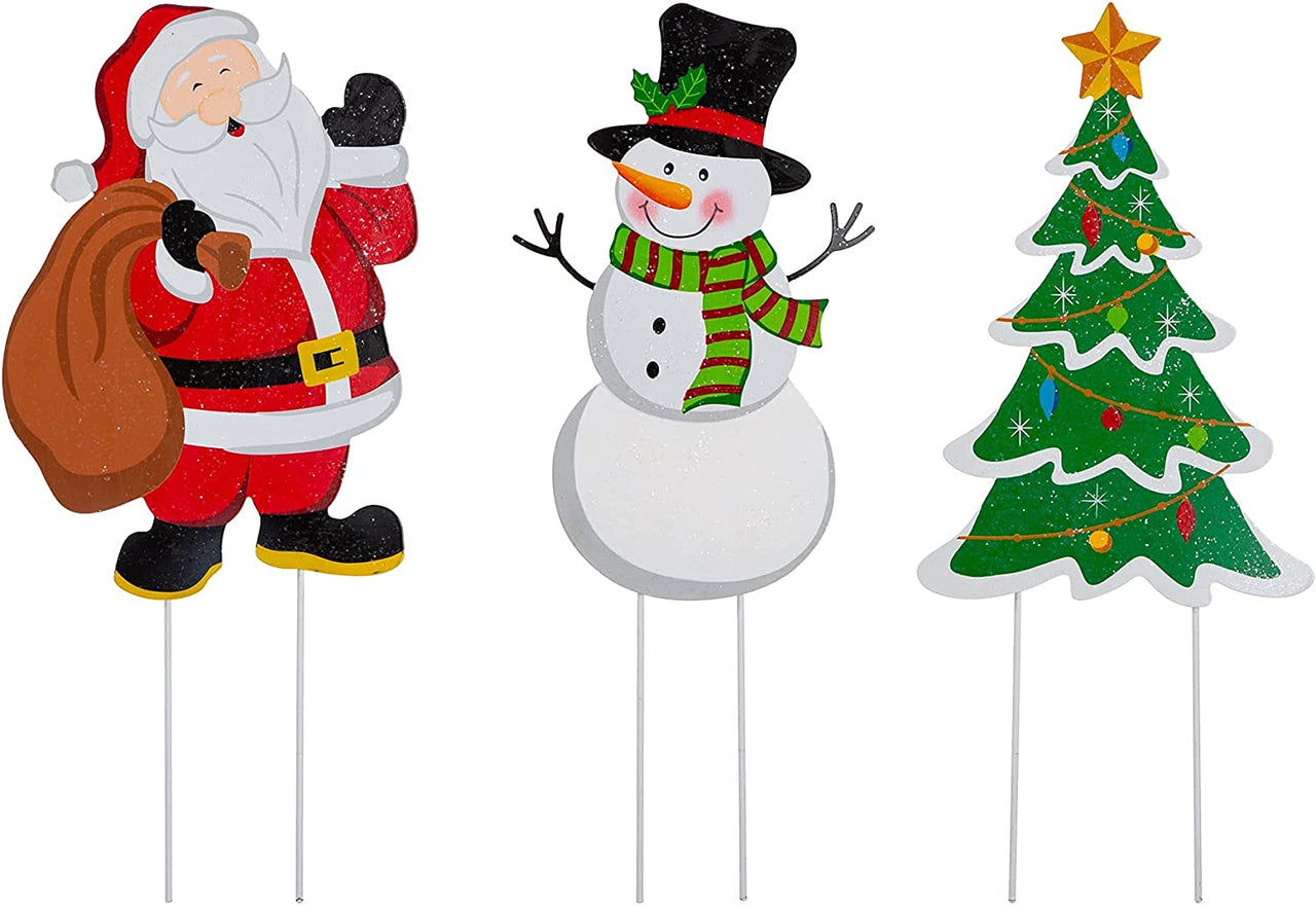 3 Pack Metal Santa Yard Stake, 24" H Snowman Tree Yard Sign with Stakes for Winter Christmas Home Garden Lawn Patio or Wall Décor