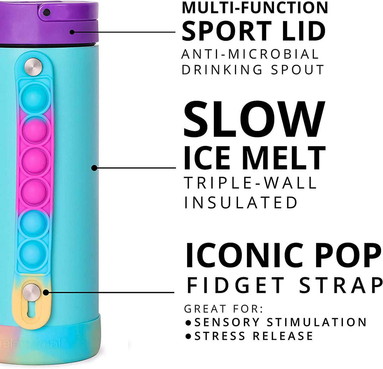 14 oz Iconic Kids Fidget Pop Water Bottle, Triple Wall Vacuum Insulated Tumbler with Stress Reliever Pop-It handle, Shatter & Leak Proof Flip Straw Lid