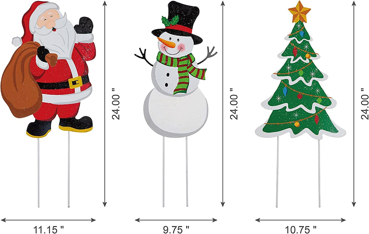 3 Pack Metal Santa Yard Stake, 24" H Snowman Tree Yard Sign with Stakes for Winter Christmas Home Garden Lawn Patio or Wall Décor